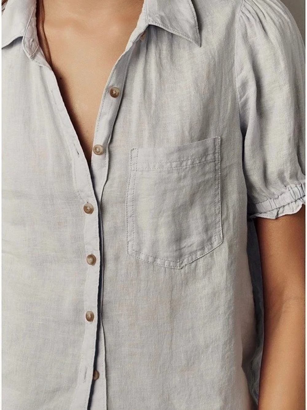 Pilcro Aly 100% Linen Puff-Sleeve Blouse Blue Small - Picture 3 of 7